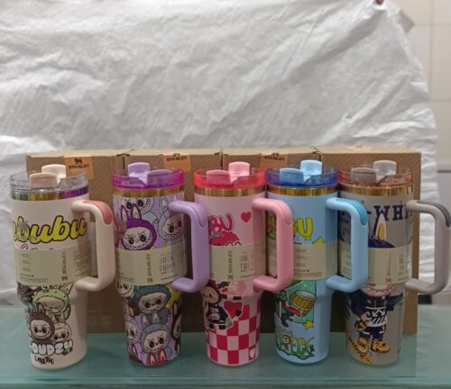 Tumbler Cartoon Print Tumbler with Handle & Straw